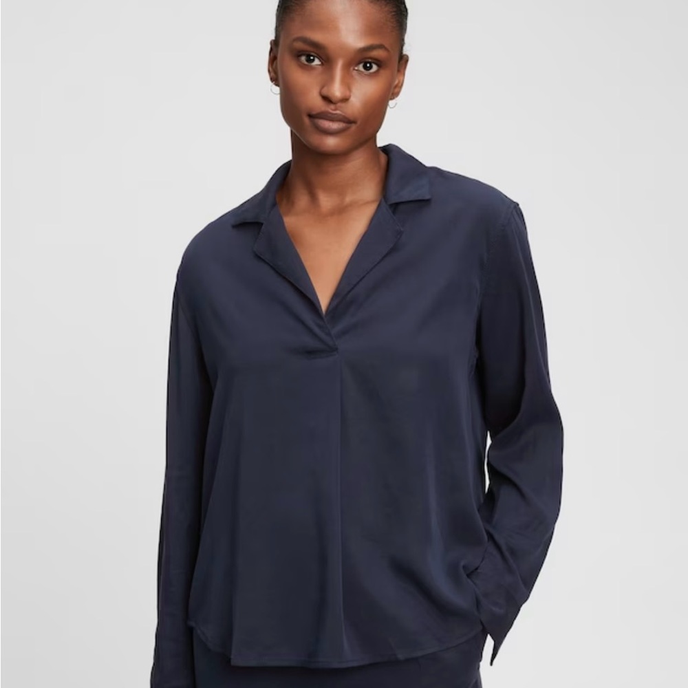 NEW WITH TAGS GAP Collared Popover Dark Navy Blue  Blouse XL Work or Date Top